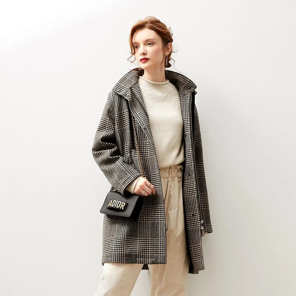

new arrivals casual hooded long plaid wool coat women