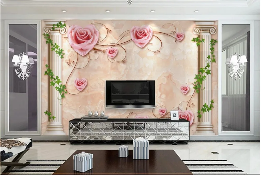 

Custom 3d mural wallpaper European rose marble Roman pillar sofa TV background wall mural wall paper
