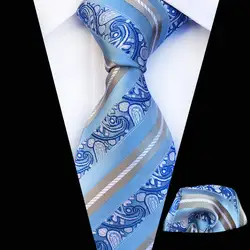 Синий Серебряный Новинка полосатый галстук наборы с платком для мужчин 100% шелк галстуки для мужчин Формальные Свадебная вечеринка жених