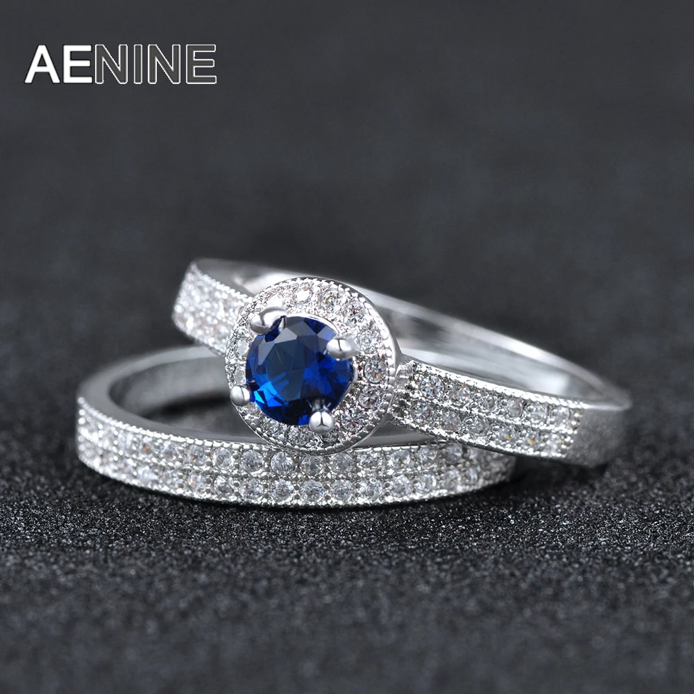 AENINE Роскошные 1Ct круглые синие фианиты 4 оправа с крапанами серебряного цвета кольца для пар Свадебные украшения R170850400P