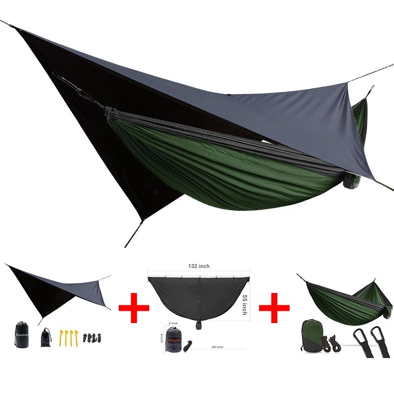 

ACEHMKS double person strong camping hammock easy to set mosquito net waterproof rain tarp can be used as a mat 3 in one packet