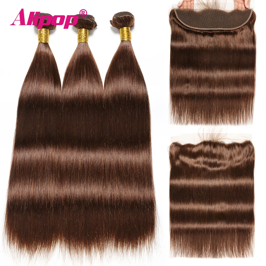 #4 Light Brown Straight hair Bundles with closure Brazilian Human Hair 3 Bundles With Frontal Ear to Ear Alipop NonRemy 4PCS