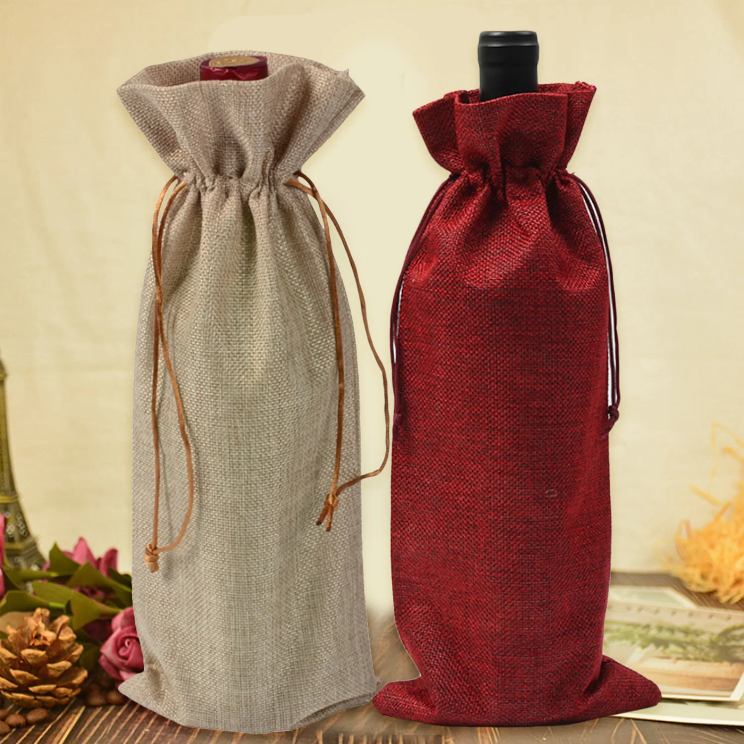 6PCS Fashion Linen Champagne Wine Bottle Drawstring Gift Bag Cover for