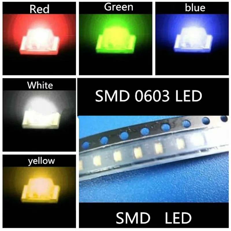 

100pcs/lot 0603 SMD LED Kits Red Yellow Blue Emerald Green White 1.8V2.0V2.2V3.0V3.2V3.4V