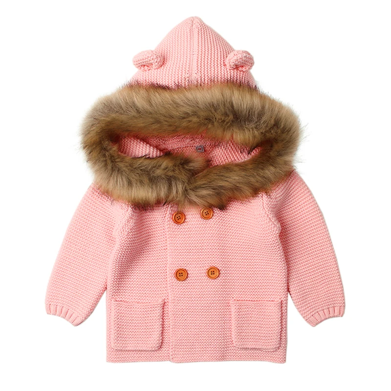 Зимний теплый свитер для новорожденных с меховым капюшоном, съемный вязаный кардиган для маленьких мальчиков и девочек, осенняя верхняя одежда, детская вязаная одежда