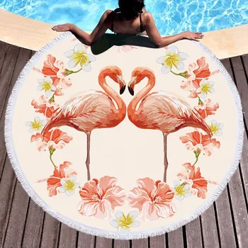 

CAMMITEVER 2 Flamingos Round Beach Towel Tassel Tapestry Yoga Mat Floral Microfiber Toalla Blanket 150cm