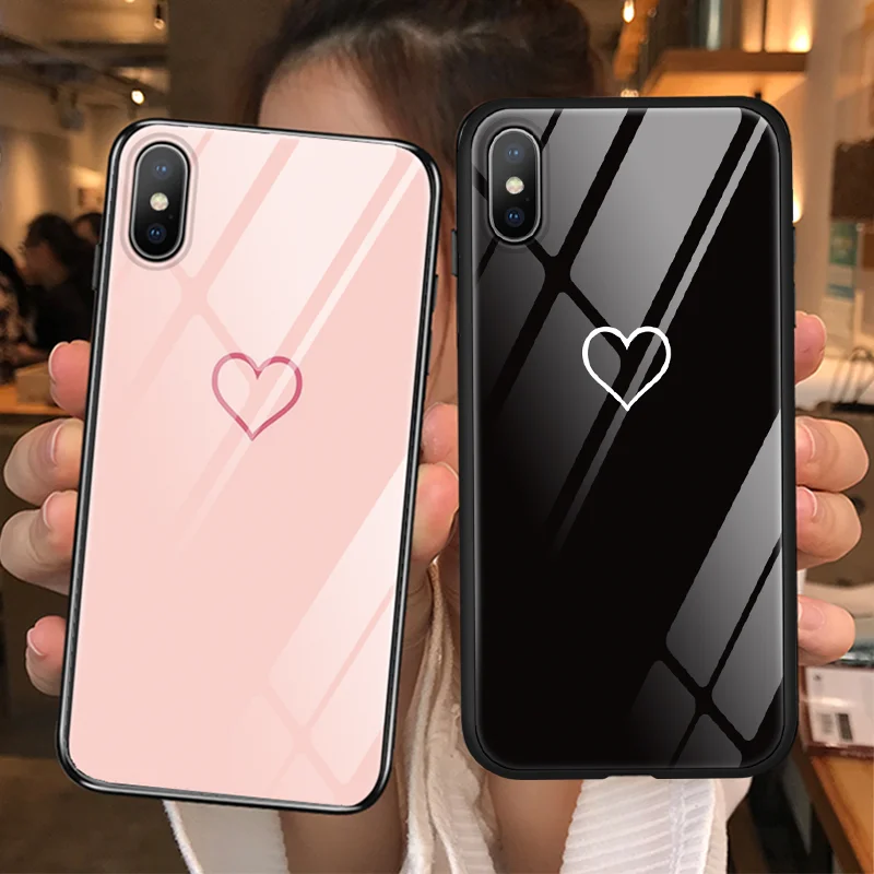

Luxury Tempered Glass Case For iPhone Xs Max 7 Plus 8 6 6s Xr X Couple Love Heart Protective Phone Back Cover Glass Case Shell