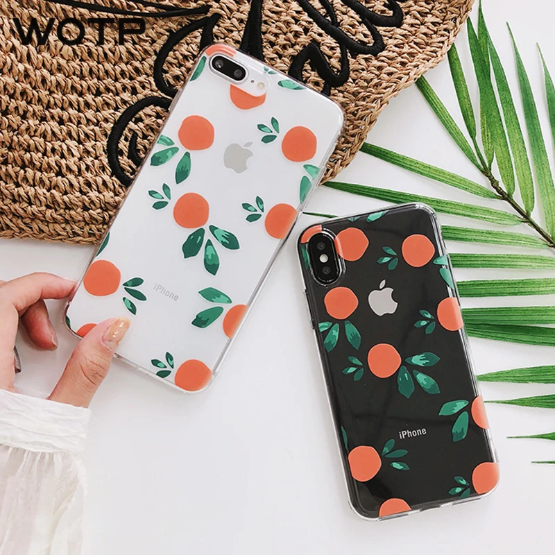 

WOTP Summer Fruit orange Persimmon Phone Case For iphone6 6S 7 8 Plus X Cartoon Green Leaf Candy Color Peach Soft TPU Back Cover