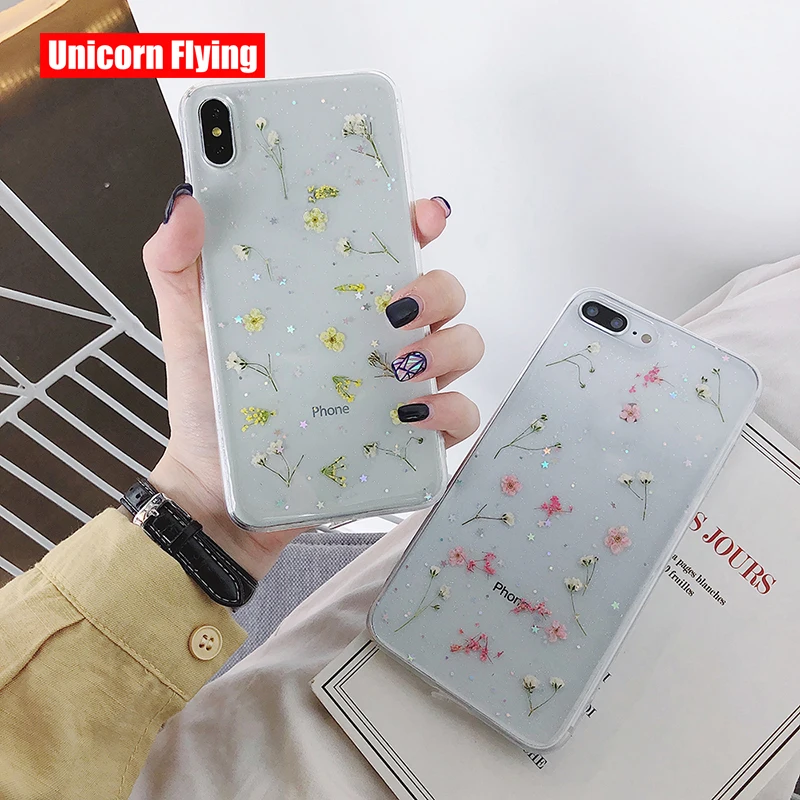 

LinXiang Real Dried Flowers Sakura Dandelion Glitter Transparent Clear Soft Phone Case For iphone 6 6s 7 8 Plus X XS Max XR