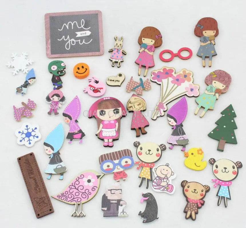 150 шт. в ассортименте Zakka Kawaii деревянные пуговицы с кабошоном украшения плоским