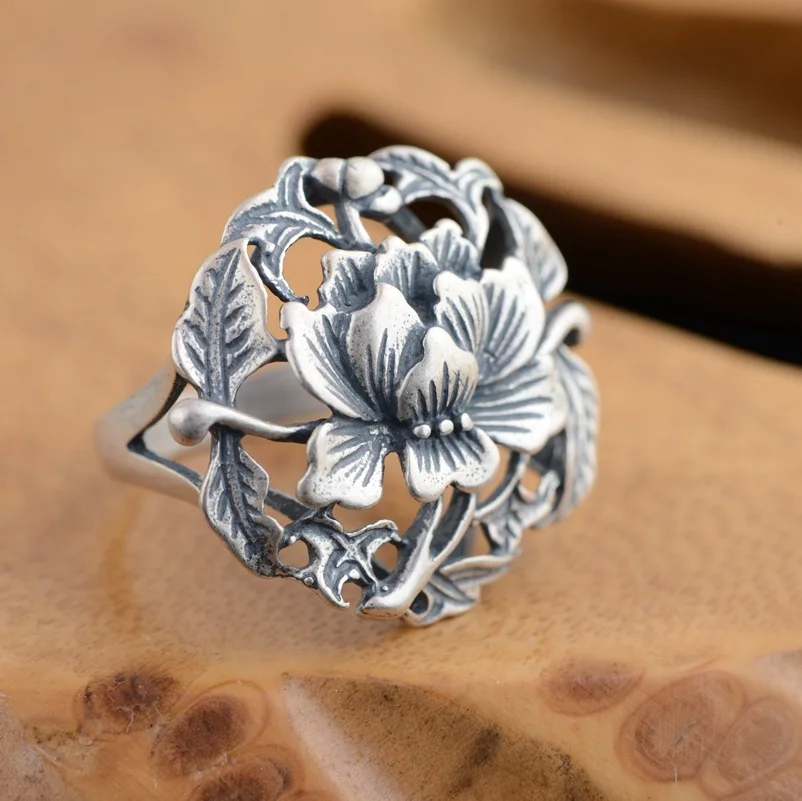 Тайское серебряное кольцо S925 Стерлинговое Серебро Античный стиль женские цветы богатый матовый подарок кольцо