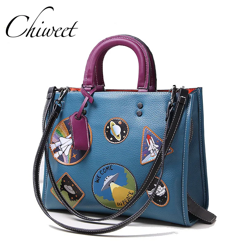 

Brand Women Rocket Space Bag Designer Handbags Leather Panelled Tote Patch Bags Female Large Square Shoulder Messenger Bag Big