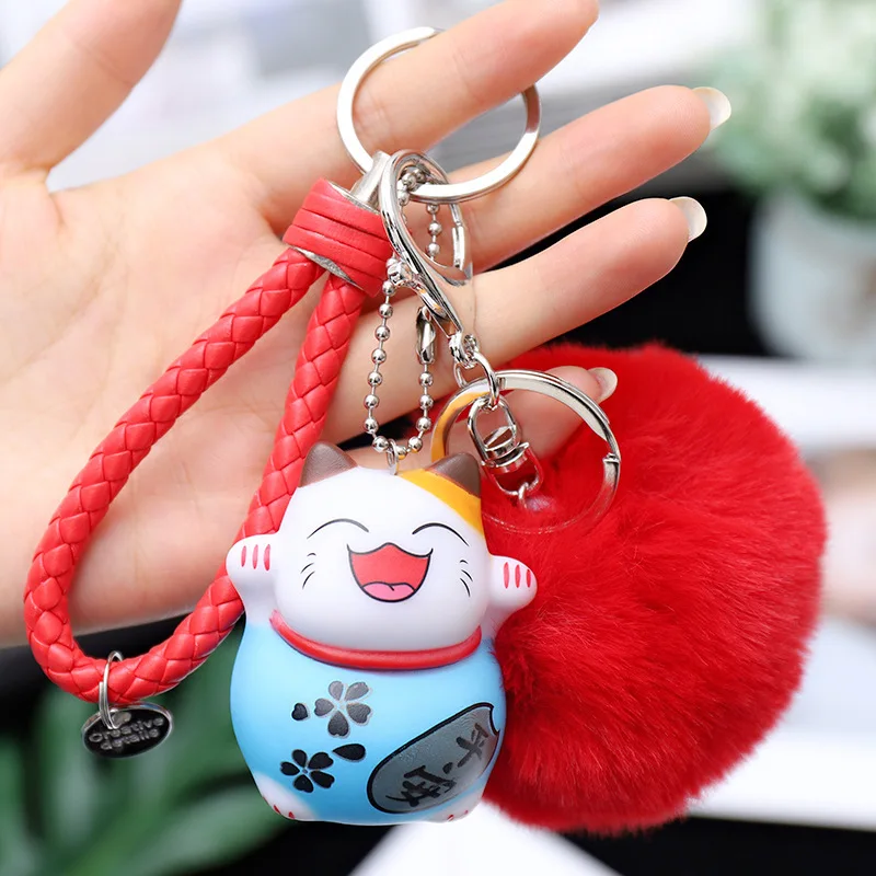 

Cute Lucky Cat Keychain Pompom Fur Ball Key Chain Fluffy Pompon Keyring Bag Charms Key Ring Llaveros Chaveiros