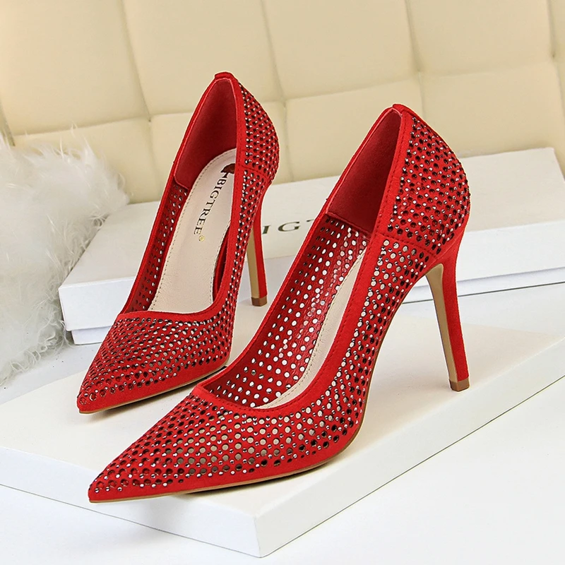 

2019 Summer Sexy High Heel Shoes Women Shallow Mouth Flock Crystal Hollow High Heels Womens Pumps Pointed Toe Ladies Party Shoes