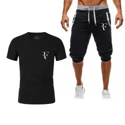 Мужские комплекты качества Roger Federer футболки + короткие штаны костюм спортивные залы тренировка набор для фитнеса брендовая одежда 2 шт