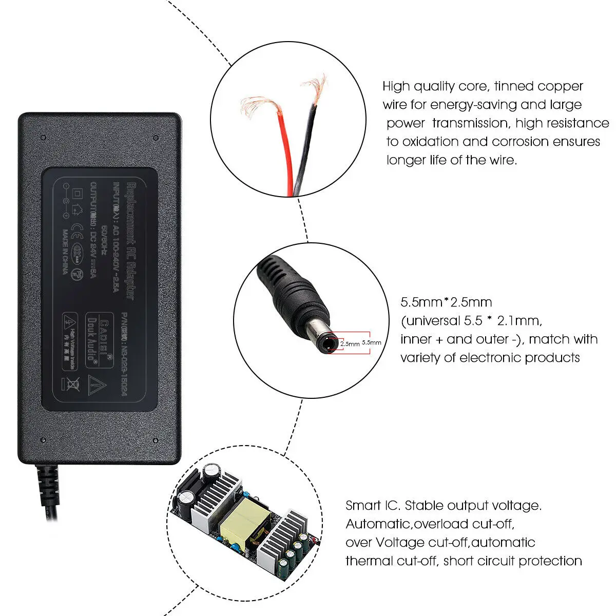 Nobsound 24V @ 6A 150 W AC/усилитель постоянного тока Питание Мощность адаптер Светодиодный 100 V-240 V 50/60Hz 5,5 мм/2,5 (2,1) мм