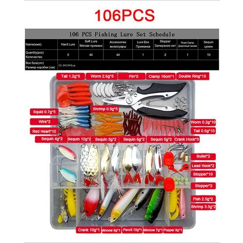 Рыболовные приманки набор смешанных кривошипных гольян Ложка VIB Твердая Приманка Мягкая приманка в виде червя набор джиг плоскогубцы для крючков в рыболовной Снасти Коробка Pesca FU463 - Цвет: 106PCS