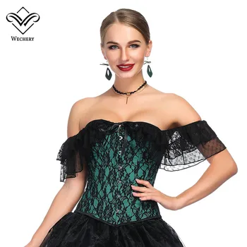 

Wechery Green Steampunk Corset Women's Slimming Costume Sexy Style Plus Size Off Shoulder Lace Floral Pattern Bustier Tops