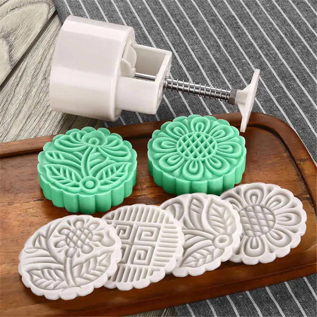 Plastic Moon Cake Mould Set 4 Flower Stamps One Barrel Hand Pressure