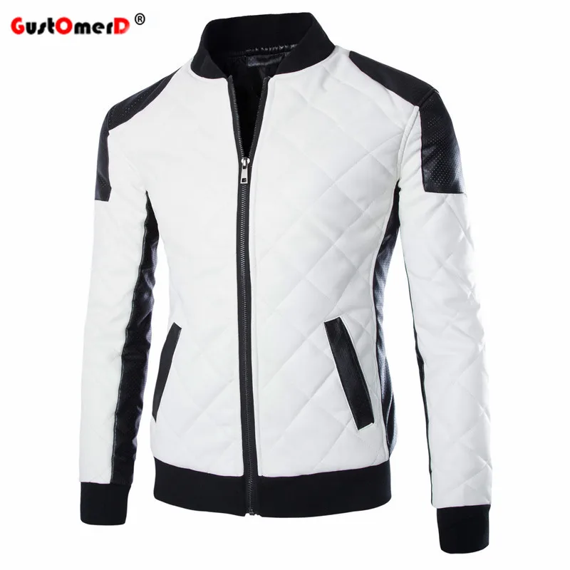 Plus Size M 5XL Patchwork Plaid Male Fashion Leather Jacket PU Slim Casual Leather Jacket Men