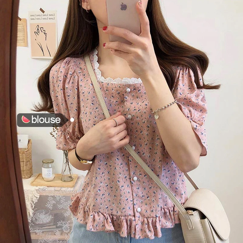 

Little Floral Print Lace Trim Square Neck Blouse Ruched Hem Summer Shirt Women Top Chemise Femme Chemisier Blusa Mujer Camisa
