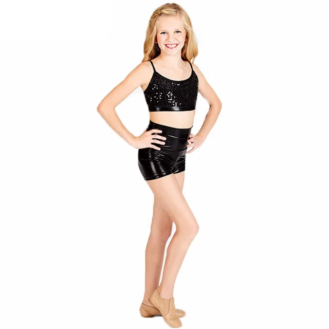 Girls Shiny Metallic ShortsHigh Waist Dance Performance Shorts Black