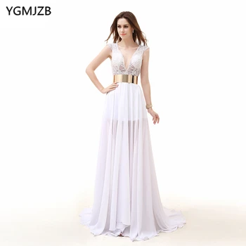 

White Evening Dresses Long 2018 A Line V Neck Cap Sleeves Belt Lace Chiffon Women Formal Evening Gown Plus Size Prom Dress