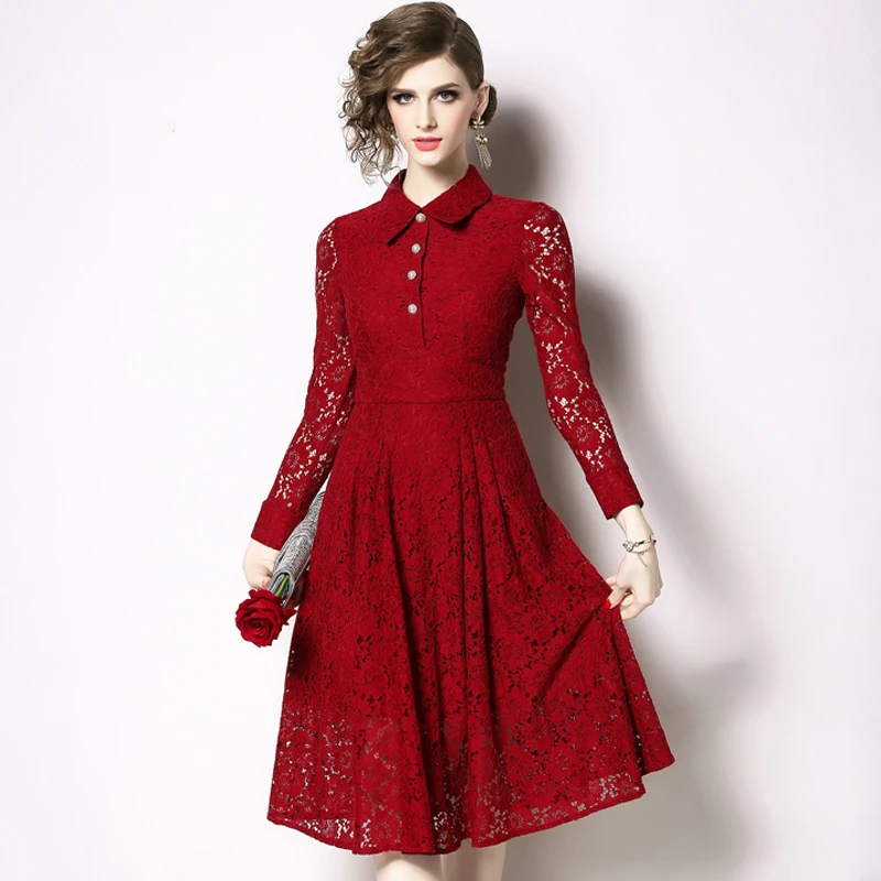 

Hollow Out Vintage Lace Dresses Elegant Big Swing Wear To Work Office Lady Casual Vestido Club Party A Line Long Dress TA8288