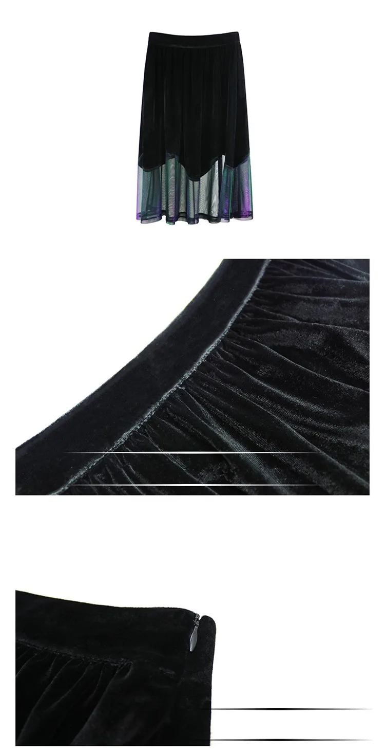 Дизайн, модная женская черная флисовая Свинг Юбка, сетчатая Лоскутная Прозрачная имперская юбка, до колен, трапециевидная тонкая юбка феи