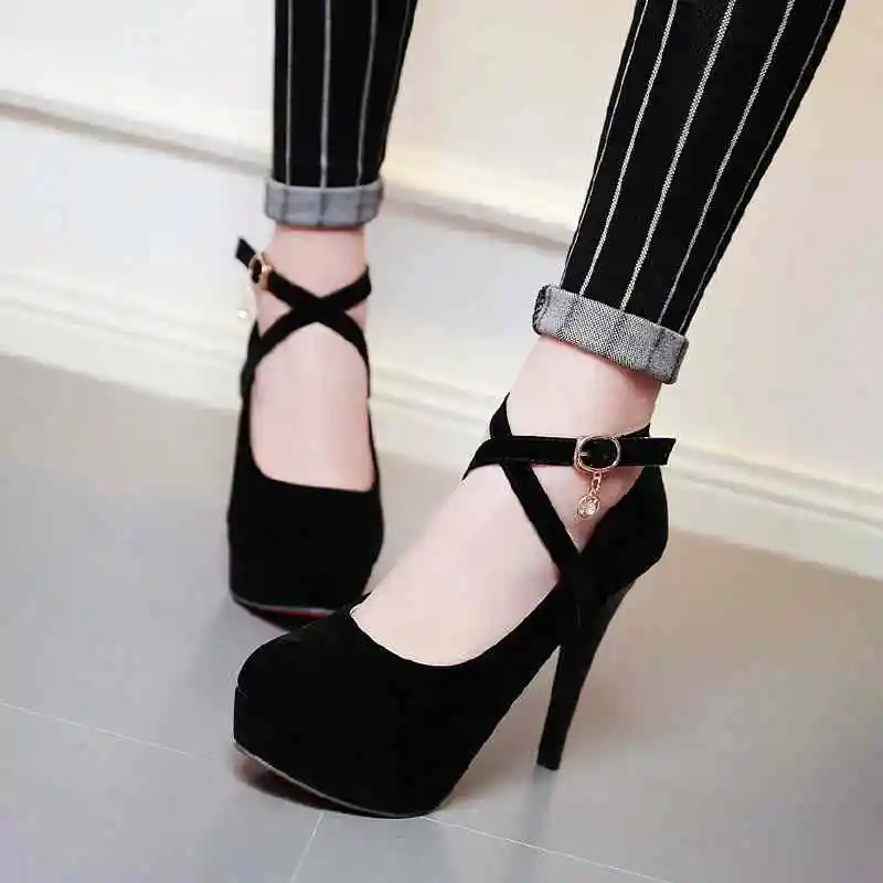 

Ladies Corss Strap Buckle Shoes Fashion Round Toe Platform Thin High Heels Sexy Women's Flock Shoes