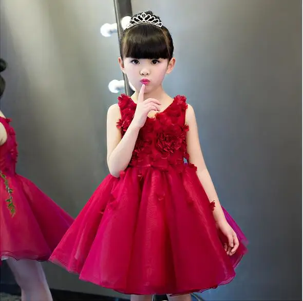 Красное платье принцессы с объемным цветком для девочек; вечерние платья с розами для крещения, свадьбы, дня рождения; детское платье-пачка для девочек; летняя одежда