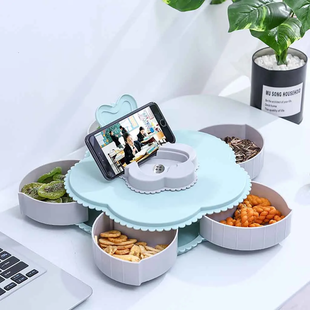 TENSKE Creative Rotating Fruit Bowl Bloom Rotating Snack Box Flower Design Candy Food Storage Box Jewelry Home Organizer JL16