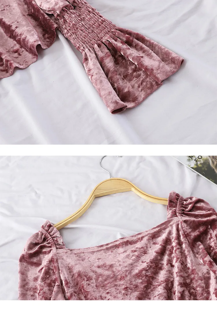 Весна-Осень, Женская бархатная рубашка с вырезом лодочкой, блузка с завязками, женские блузки с расклешенными рукавами, Короткие топы AB1133