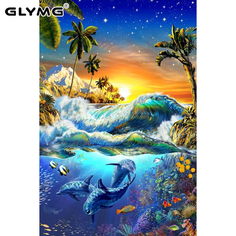 GLymg Diy Dolphin Blue Ocean Diamond Painting Kit Full Drill Cross Stitch Diamond Embroidery Rhinestones Mosaic Decoration