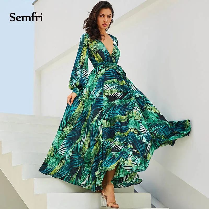 

Semfri Boho Beach Dress Women's Floral Printed Green Dress Summer Autumn Casual V Neck Belt Lace Up Tunic Draped Dresses 2019