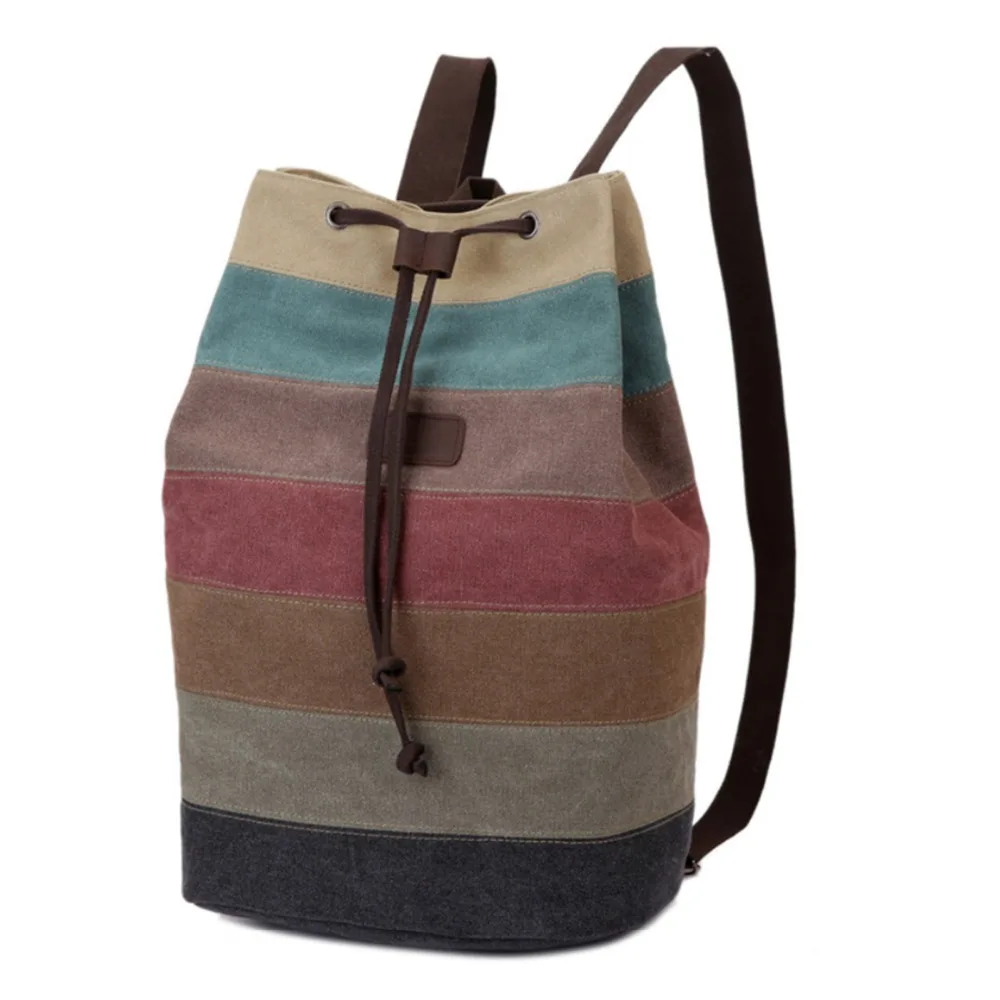 HIPSTEEN Vintage Women&#39;s Canvas Bag Splice Multi Color Striped Drawstring Shoulders Bag Backpack ...