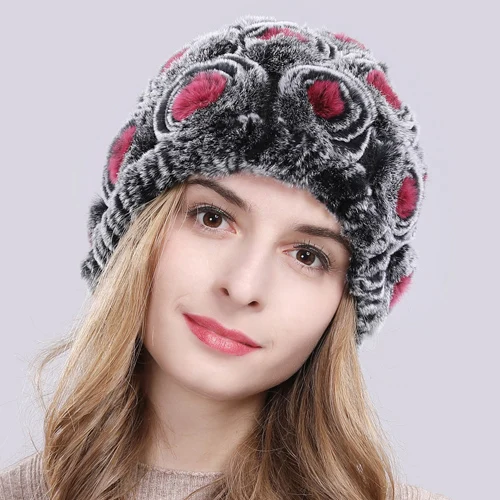 color 19 Россия Горячая Распродажа зимние Цветочные подлинные меховые шапочки шапка женская вязаная натуральный кролик Рекс Меховые шапки Теплые Натуральная меховая шапка - Цвет: color 19