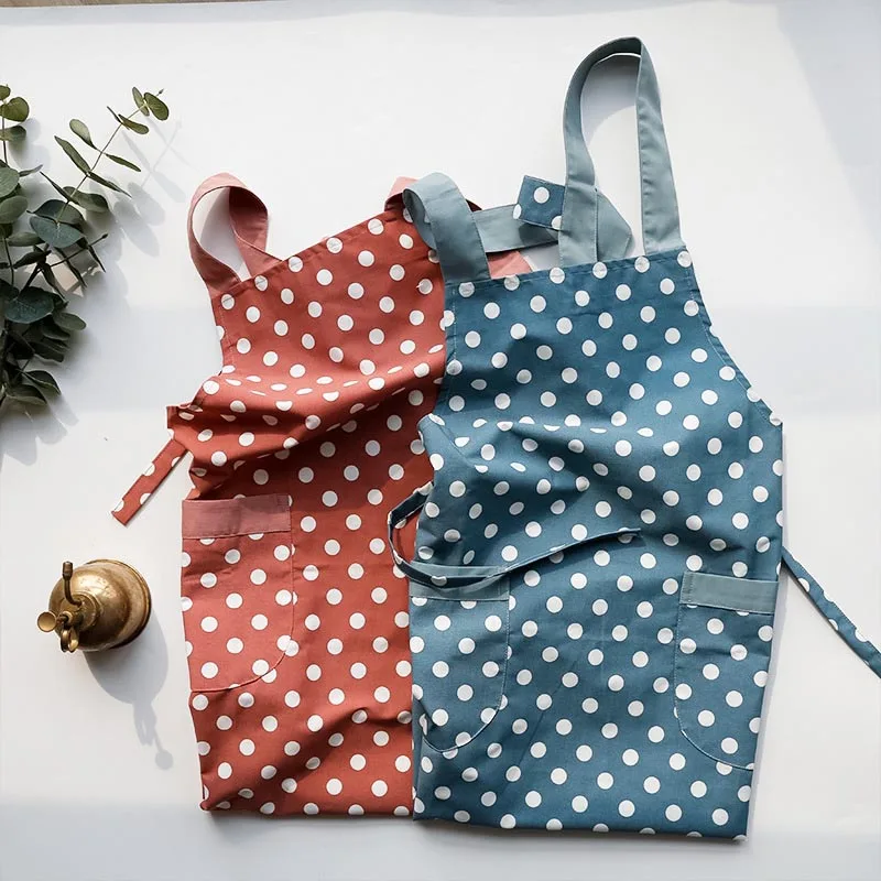 Женская хлопковая рабочая одежда для взрослых, чистящие средства для кухни, фартук с 2 карманами, милая полосатая форма с волнистыми точками