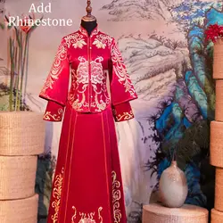 Элегантное вечернее платье со стразами в китайском стиле, с вышивкой, длинное китайское платье-Ципао с рукавами, свадебное платье чонсам