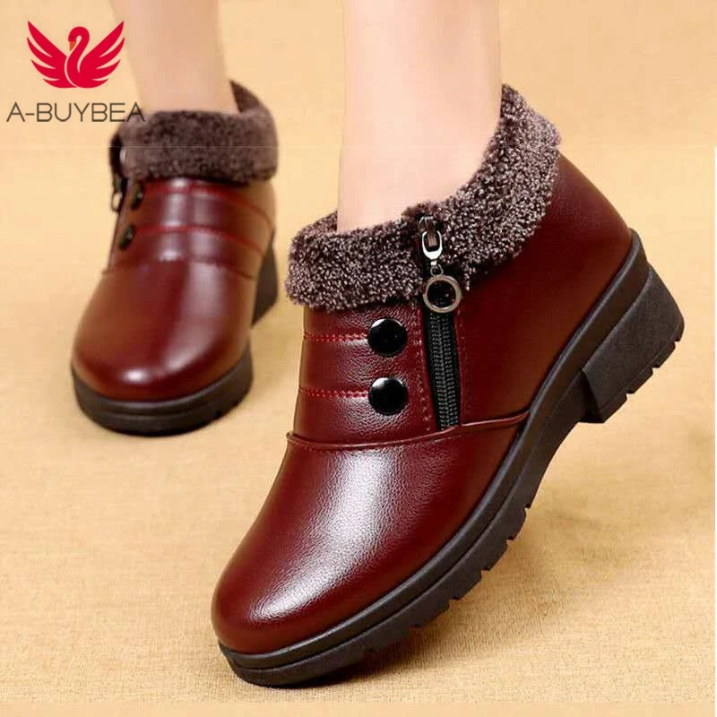 

Fashion Winter Shoes Women's PU Leather Ankle Flat Boots Casual Comfortable Warm Fur Plush Woman Snow Boots Free Shipping