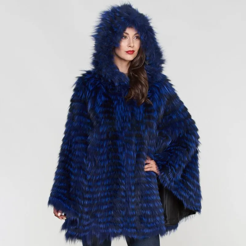 BFFUR, Женское пальто из натурального меха лисы, пальто из натурального меха, пончо, цельные кожаные накидки в полоску, женская зимняя Модная Тонкая Шаль - Цвет: Тёмно-синий