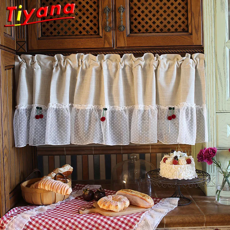 

Short Curtains for Small Window Lace Stitching Curtains for Kitchen Cherry Embellishment Cotton Material Window Drapes QT048#30