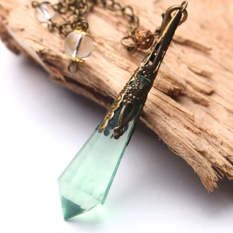 Fashion Natural Green fluorite healing crystals Pendulum quartz crystal pendant necklace Dowsing Reiki Chakra Pendulum jewelry 3