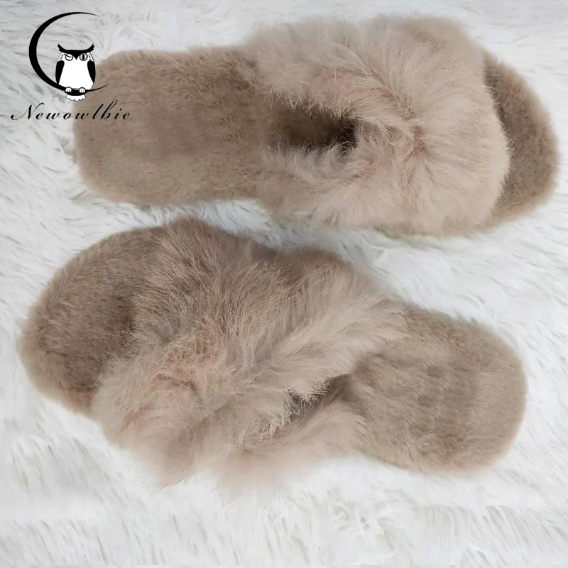

Women's Slippers 100% Genuine High Quality Rabbit Hair Slippers Real Hair Slippers Cross Bandages Decorative Fluffy Plush Shoes