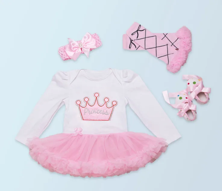 Kids Baby Girl Clothes Sets Kids Cotton Crown Rompers Ruffle Tutu Dress Shoes Headband Lace Stocking Newborn Birthday Clothing images - 6