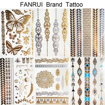 Bracelet métallique doré pour femme, faux tatouages temporaires, henné, Mandala, fleur, autocollants, chaîne indienne, bras, Flash, jambes