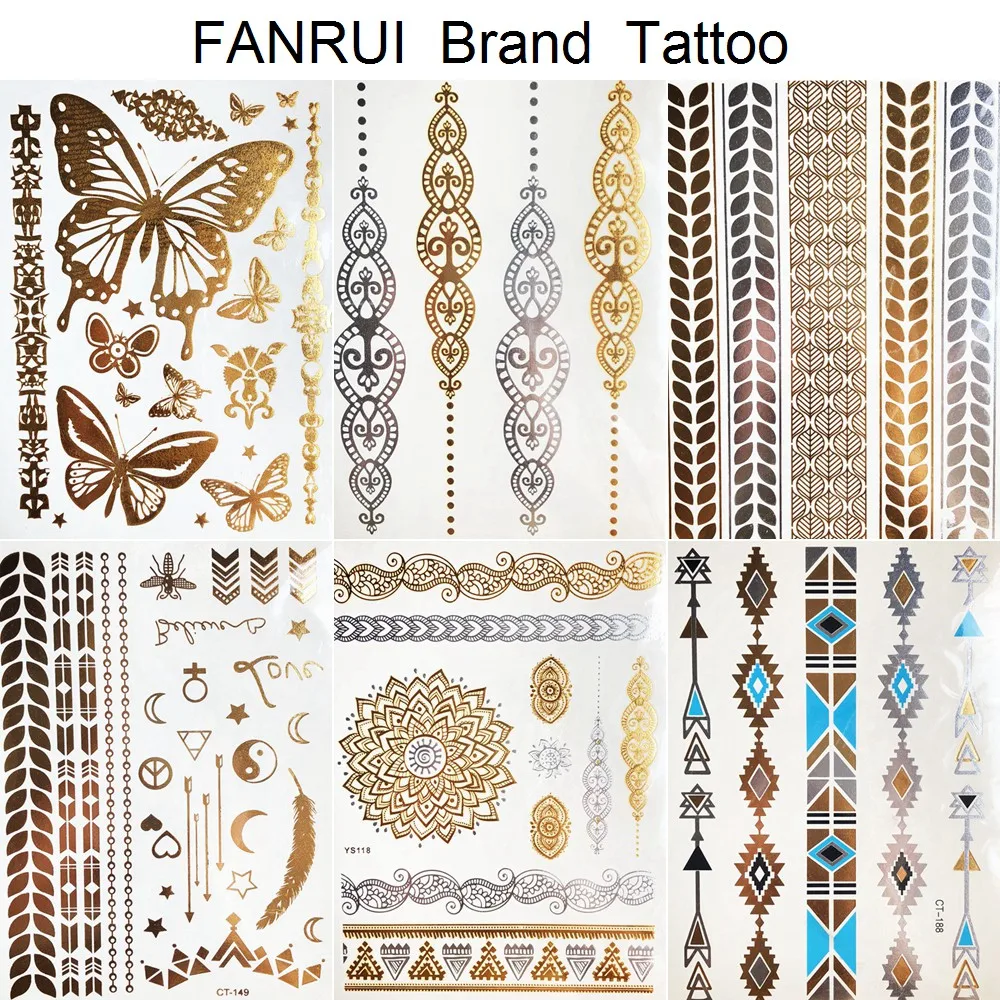 

Golden Metallic Bracelet Temporary Tattoo Henna Mandala Flower Girl Tattoo Stickers Indian Chain Women Arm Flash Fake Tatoos Leg