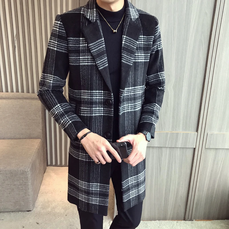 

New mens casual plaid woolen winter trench coat Men Single Breasted Big Lapel Collar blends jacket High quality Wool Blends