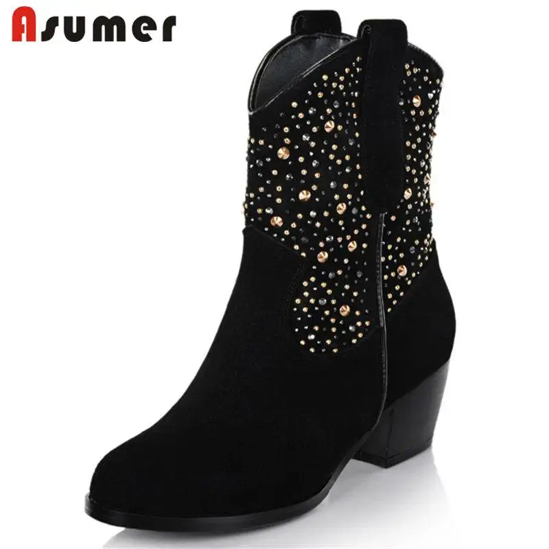 

ASUMER 2018 HOT fashion rhinstone ankle boots for women slip on cow suede leather boots pointed toe thick high heel female boots