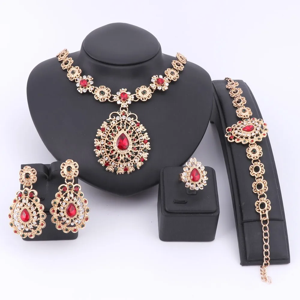 

Wedding Bridal Party Necklace Jewelry Sets For Women Fashion Crystal Colorful Rhinestone Gem Pendant Costume Bridal Accessories